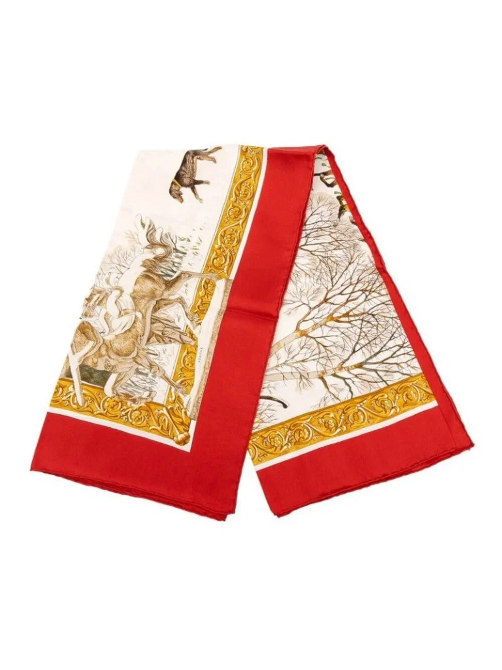 Hermes Carre 90 L'hiver Winter Hunting Scarf Red White Multicolor Silk